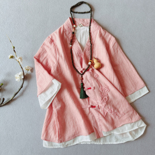 中国风复古撞色手工盘扣衬衫女夏季V领刺绣改良汉服短款棉纱上衣