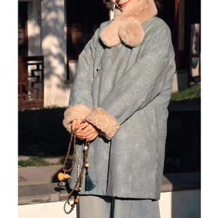 [瑶光听雪] 纯亚麻新中式冬季盘扣提花棉袍棉服斜襟毛领中长棉衣
