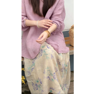 [烟雨丁香] 100棉内衬！26春夏42支纯苎麻拼色碎花半身裙仙气长裙