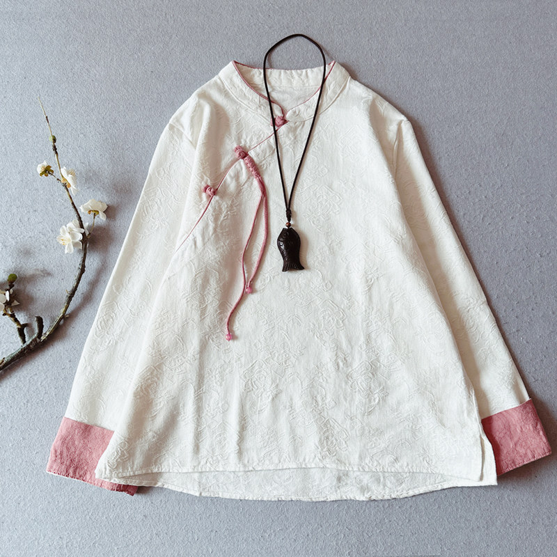 新中式斜襟老布提花盘扣短上衣女春季新款复古文艺中国风茶服衬衫,女装/女士精品,衬衫,淘宝优惠券,粉丝福利购,淘宝优惠卷