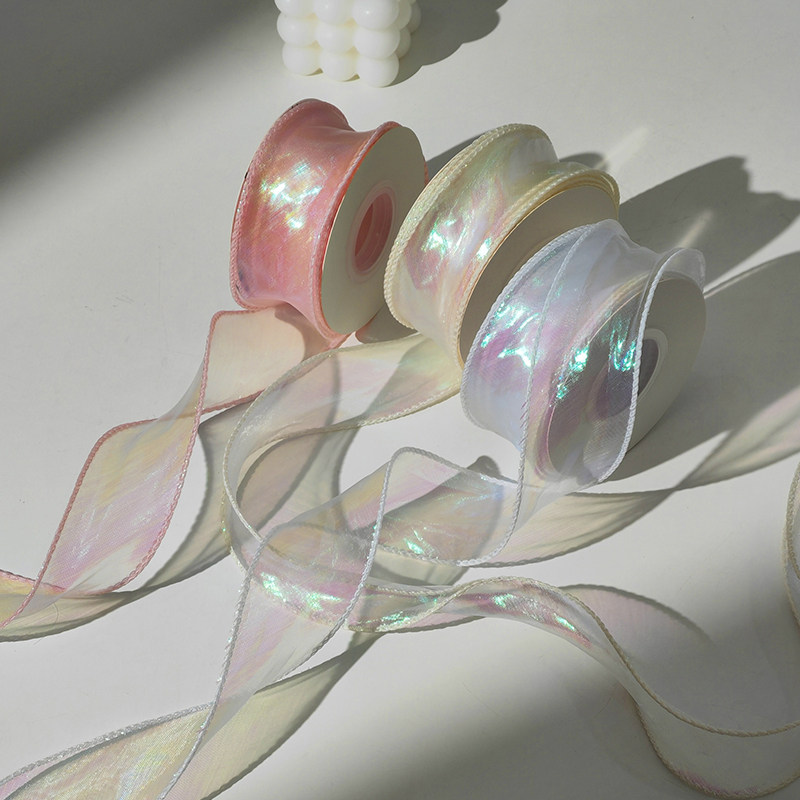 ins风幻彩鱼尾纱4cm炫彩极光波浪纱鲜花花艺蝴蝶结装饰绑带雪纱带
