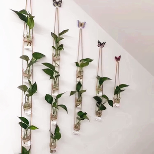 创意DIY壁挂玻璃水培植物麻绳花瓶 家居幼儿园墙面装饰挂件简约