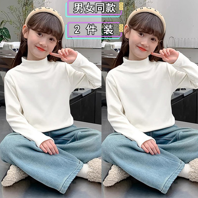 洋气秋冬儿童双面德绒打底衫内搭男童加厚长袖T恤女童半高领上衣