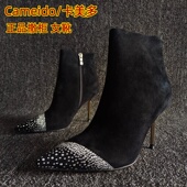 真皮女靴侧拉链气质短靴细高跟34码 Cameido 卡美多品牌撤柜断码 靴