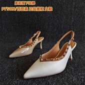 SON 真皮女鞋 百田森正品 断码 新款 尖头铆钉洋气细高跟扣带凉鞋