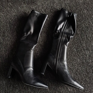 品牌撤柜断码 显瘦不过膝长靴粗高跟 瑕疵处理女靴欧美尖头气质法式