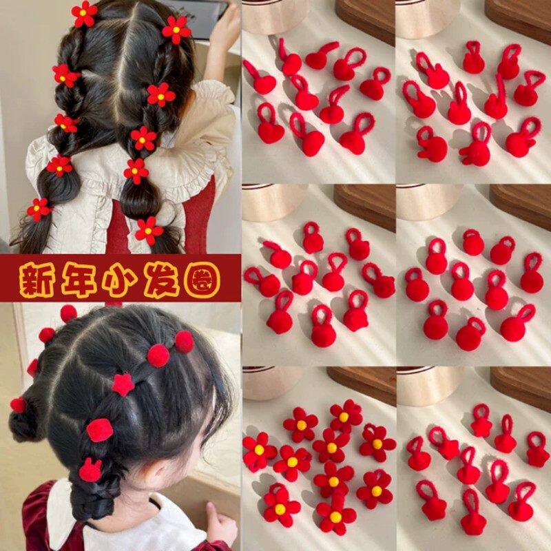 新年儿童不伤发发圈毛球拇指发绳宝宝圈女孩可爱红色毛绒头绳发饰