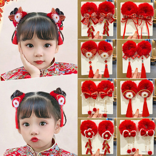 红色头花毛绒发圈女童新年儿童喜庆头饰丸子头发饰高弹力不伤毛发