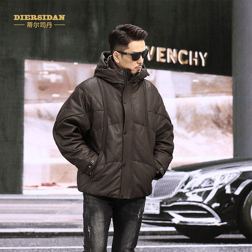新款男士真皮羽绒服连帽短款皮衣