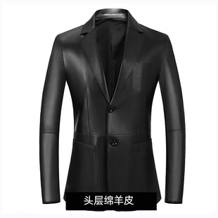 海宁绵羊皮真皮西装男士皮衣西装领春季新款修身商务休闲真皮西服