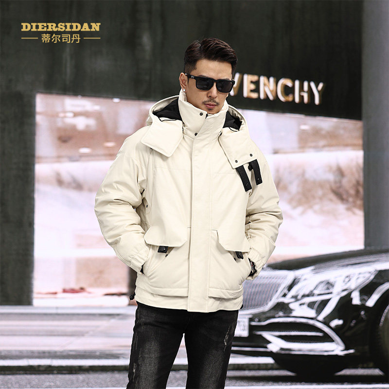 真皮皮衣男士头层牛皮羽绒服连帽冬季加厚短款时尚工装风保暖外套