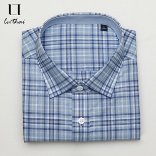 鲁泰男士微弹修身时尚方领格子衬衣商务休闲长袖格纹衬衫