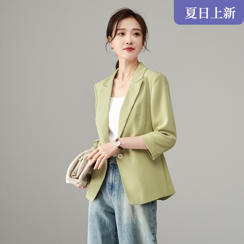 娅丽达休闲七分袖西装外套女早春薄款2025新款修身小个子绿色西服