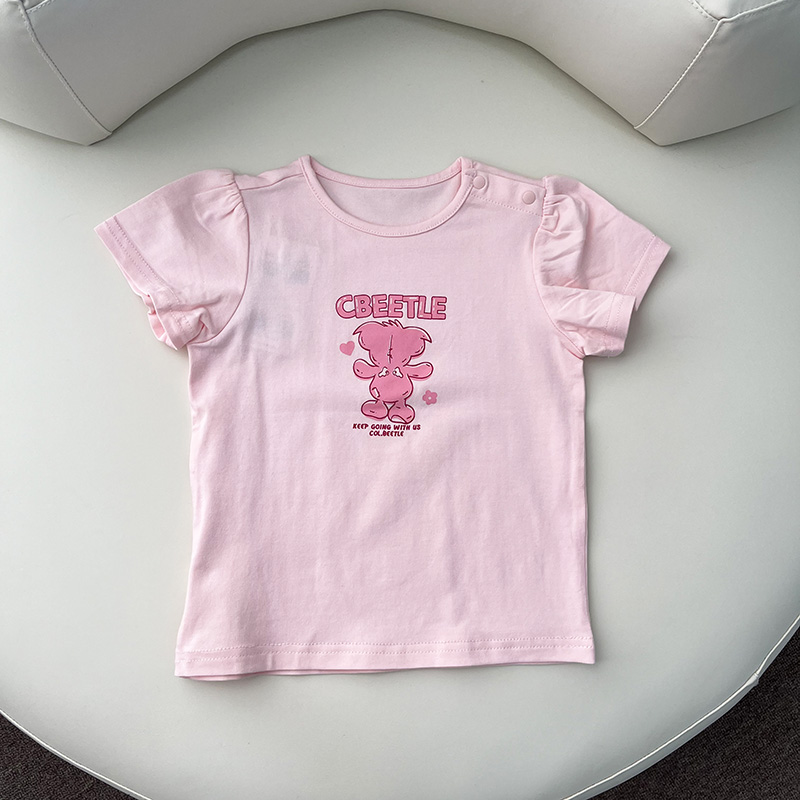 女童夏季短袖上衣 小童棉氨纶T恤圆领休闲粉色卡通