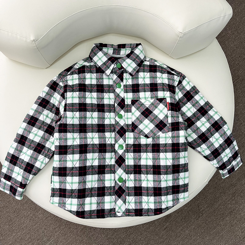 校服神器中大童夹棉衬衫绿色格子翻领上衣男孩保暖打底