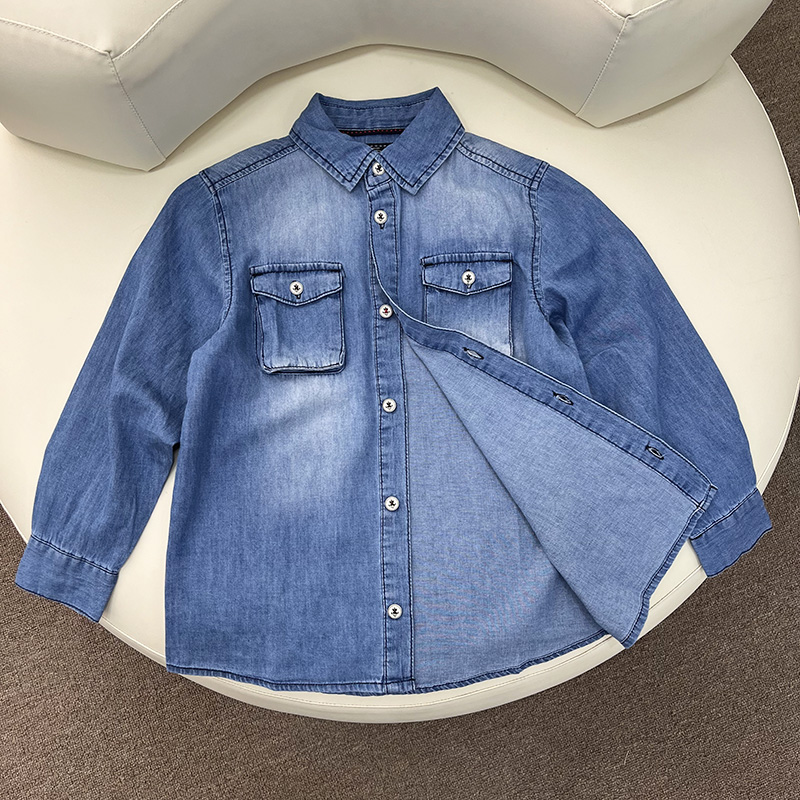 120-160男孩牛仔衬衫春夏季薄款翻领纯棉上衣