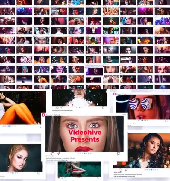 展示百张宣传活动社交照片图集相册照片墙最后汇聚logo动画AE模板