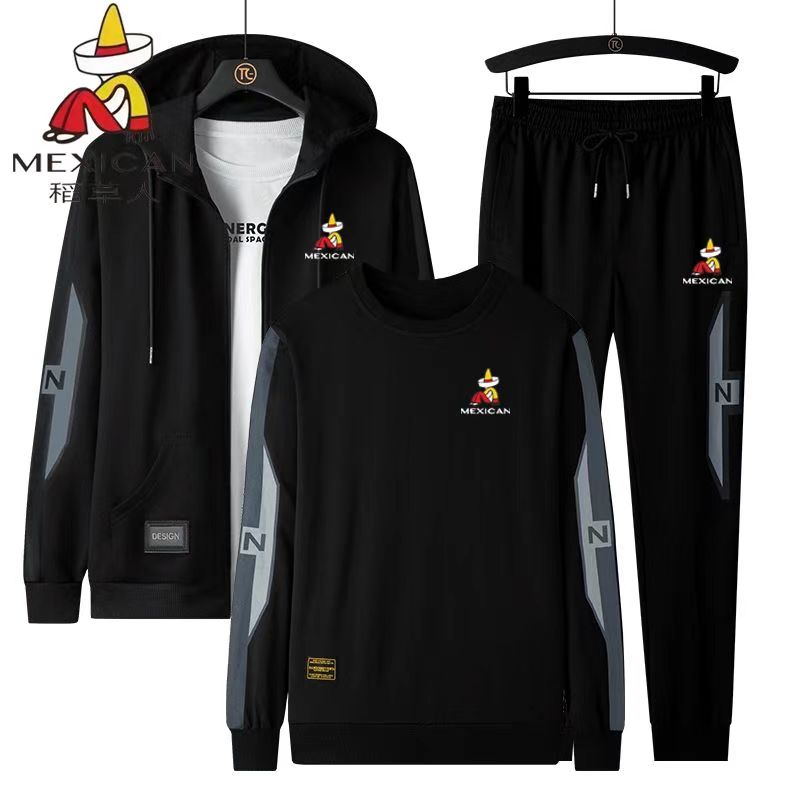 稻草人卫衣男三件套运动套装春秋季2025新款青年连帽男士休闲大码