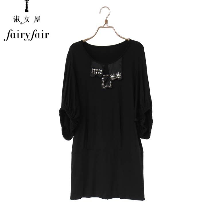 夏季新品 FAIRYFAIR正品黑色高端花瓣领装饰灯笼袖针织连衣裙