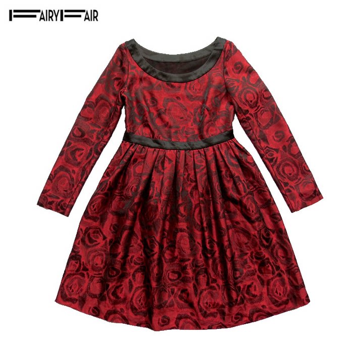 春季fairyfair专柜正品红底玫瑰印花圆领加厚拉链高端长袖连衣裙