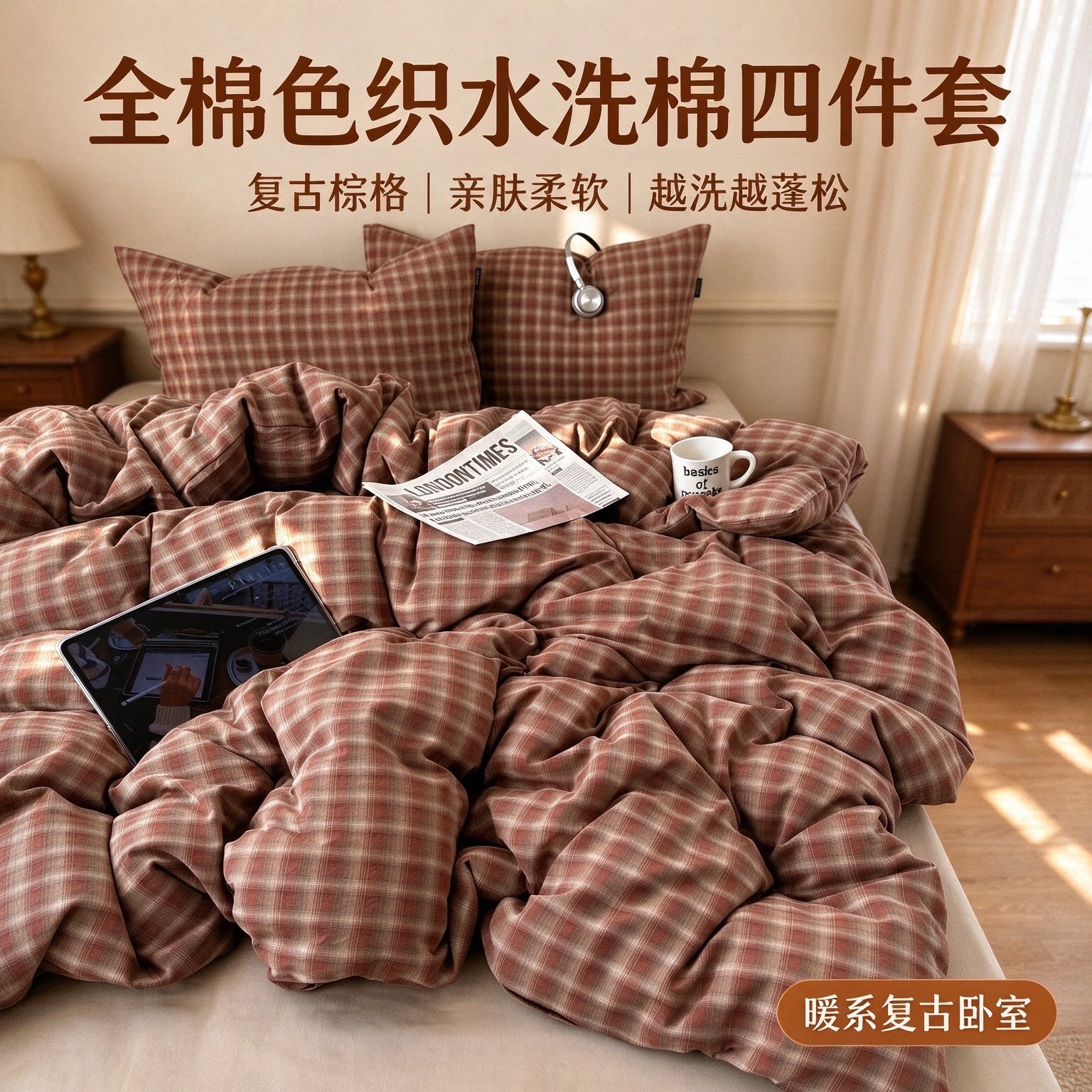 40支全棉色织水洗棉复古四件套
