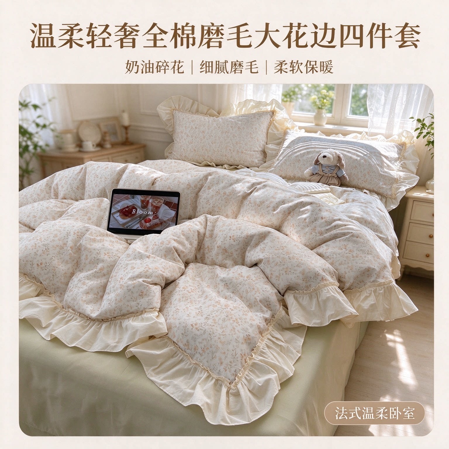 全棉荷叶花边数码印花磨毛四件套