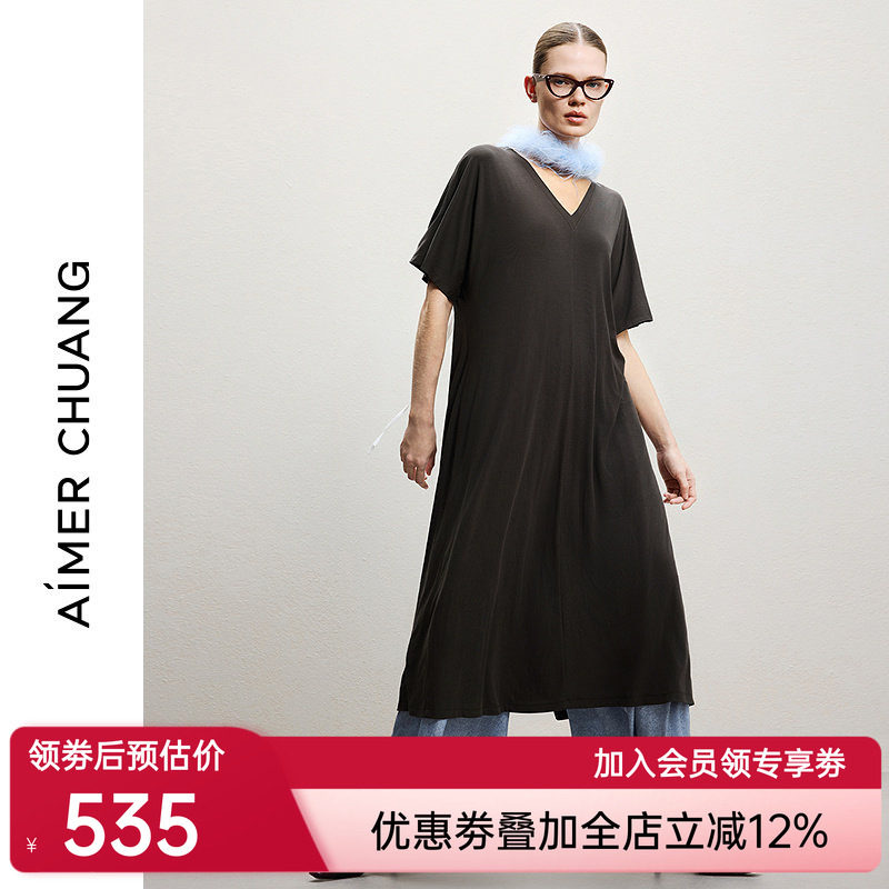 AIMER CHUANG26春夏女空气冰奶皮圆领短袖两面穿连衣裙CA442261