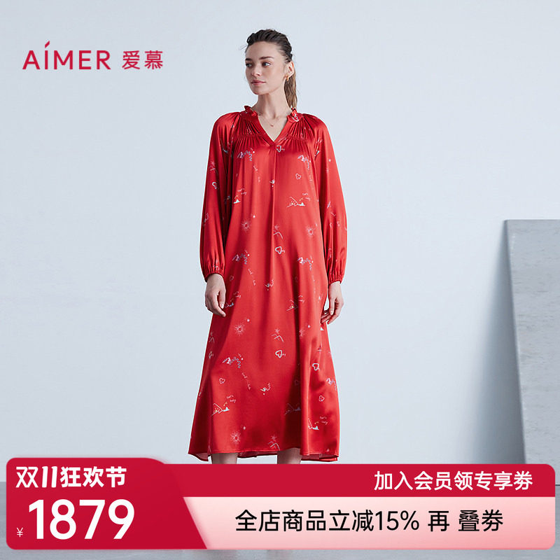 爱慕新品秋冬日照金山开运系列女士睡衣含红色九分袖中长睡裙