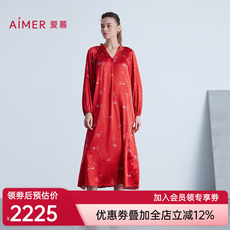 爱慕新品秋冬日照金山开运系列女士睡衣含红色九分袖中长睡裙