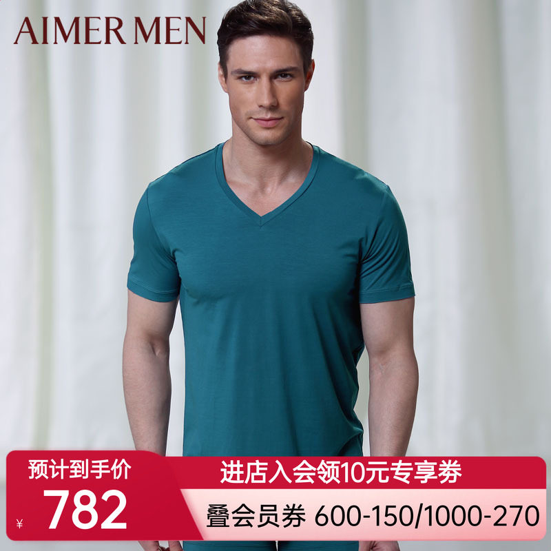 爱慕先生品牌红品官方正品薄款柔软V领男士短袖T恤上衣12354