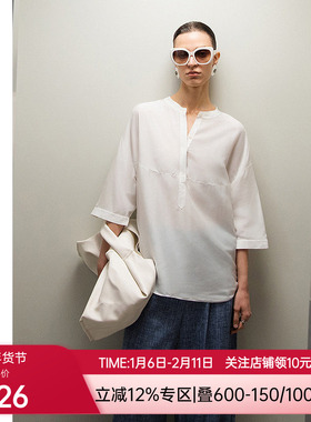 爱慕·CHUANG沐夏女士含桑蚕丝七分袖阔版圆领衬衫上衣CA811811