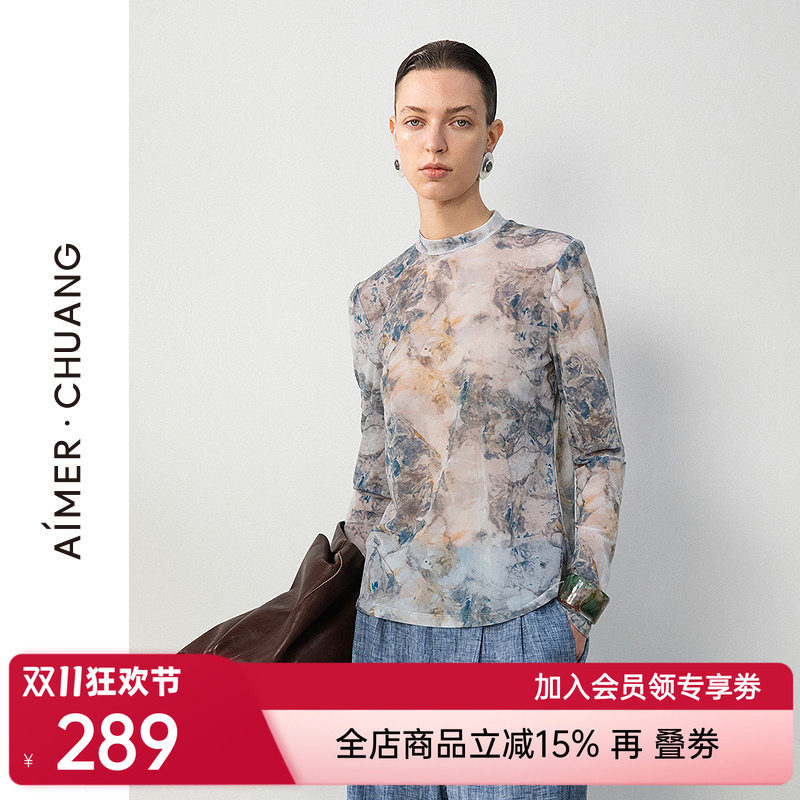 爱慕·CHUANG新品夏空气女士轻薄印花打底小高领长袖上衣CA721682