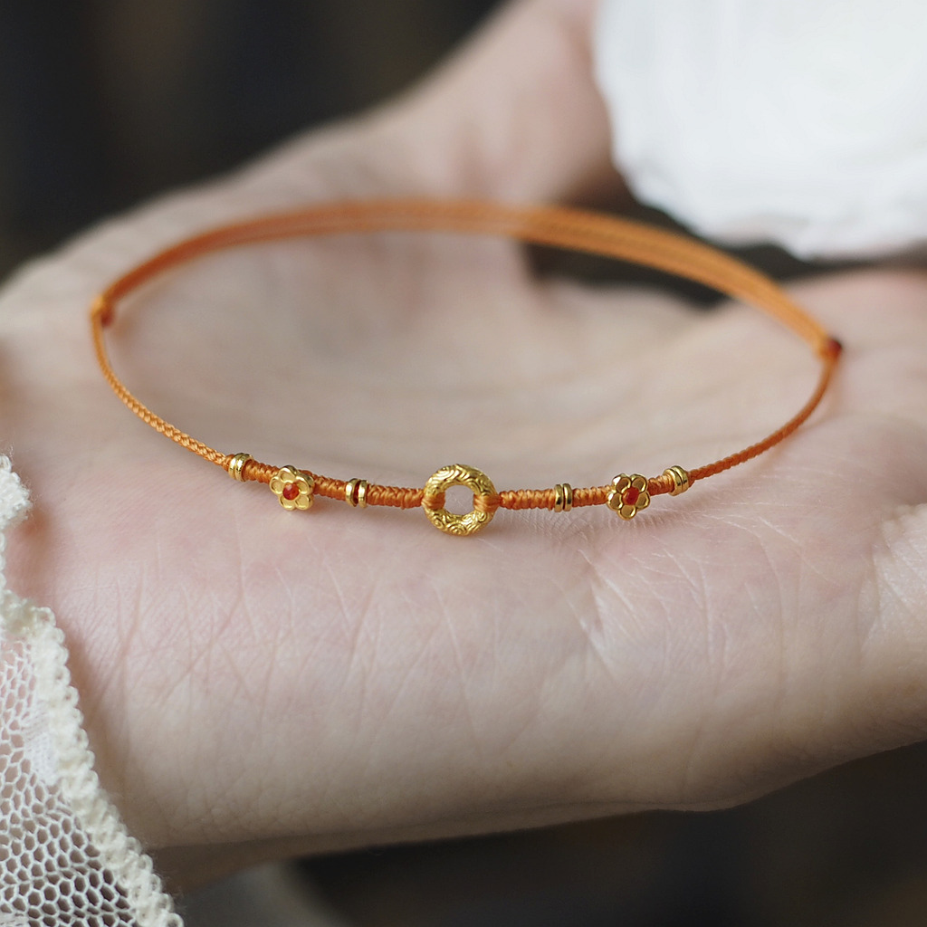 手工编织999足金红绳手链黄金手绳男女情侣礼物