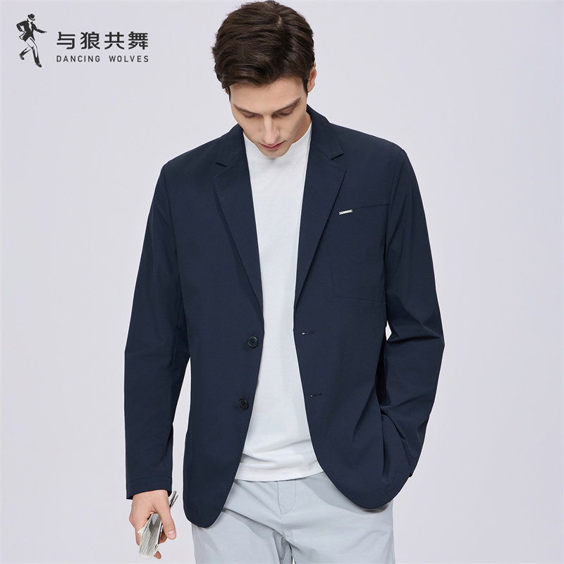 【舒弹】与狼共舞平驳领细格纹休闲西装男2026春季款质感单西外套