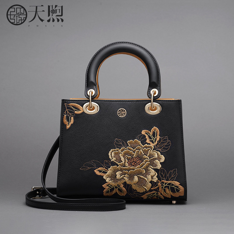 母亲节送妈妈真皮戴妃女包气质手提包牡丹刺绣中国风包包小方包