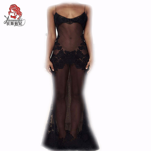 亚马逊wish跨境连衣裙网纱蕾丝边绣花仙女女神吊带长裙鱼尾9062