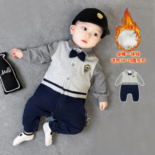 婴儿衣服冬款男宝宝连体衣英伦风加绒保暖周岁满月百日春秋装哈衣
