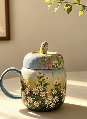景德镇原创手工釉下彩小猫盖子盖杯 清新小雏菊盖杯办公杯水杯