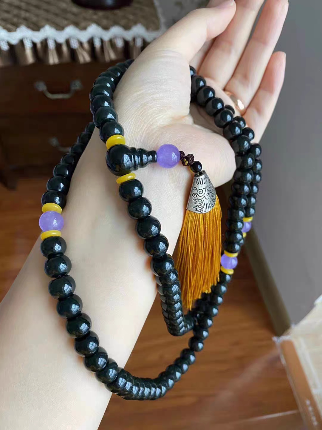 现货/天然新疆和田玉黑青玉108颗算盘珠佛珠手持念珠塔青一级细料