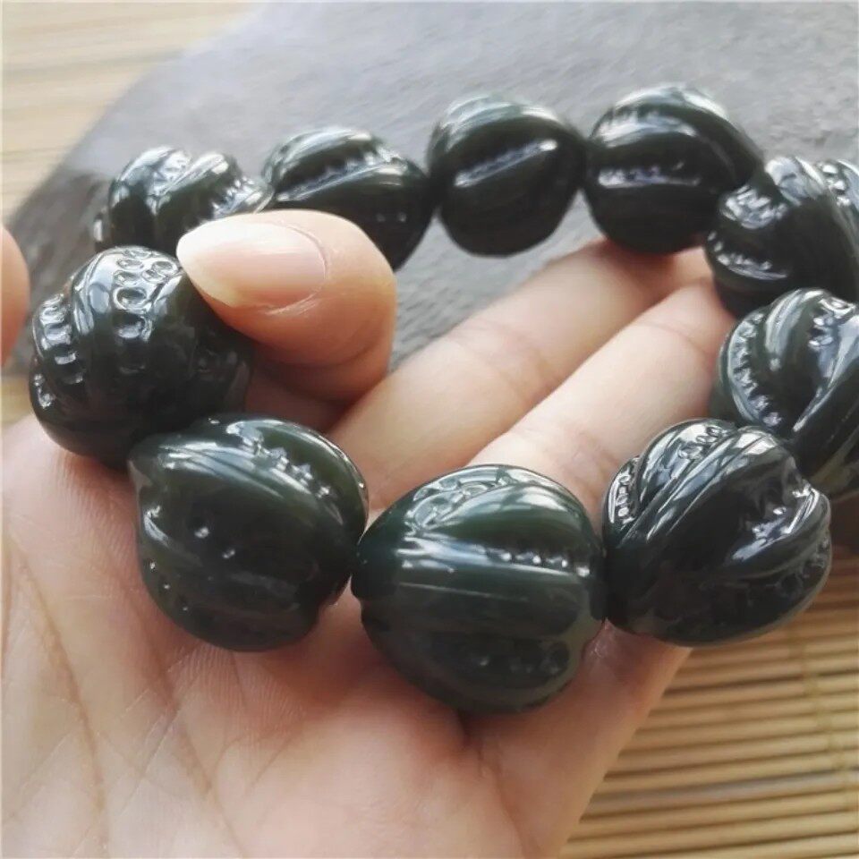 新疆和田玉青玉核桃手串圆珠墨玉手链手镯文玩男士送礼手把件捡漏