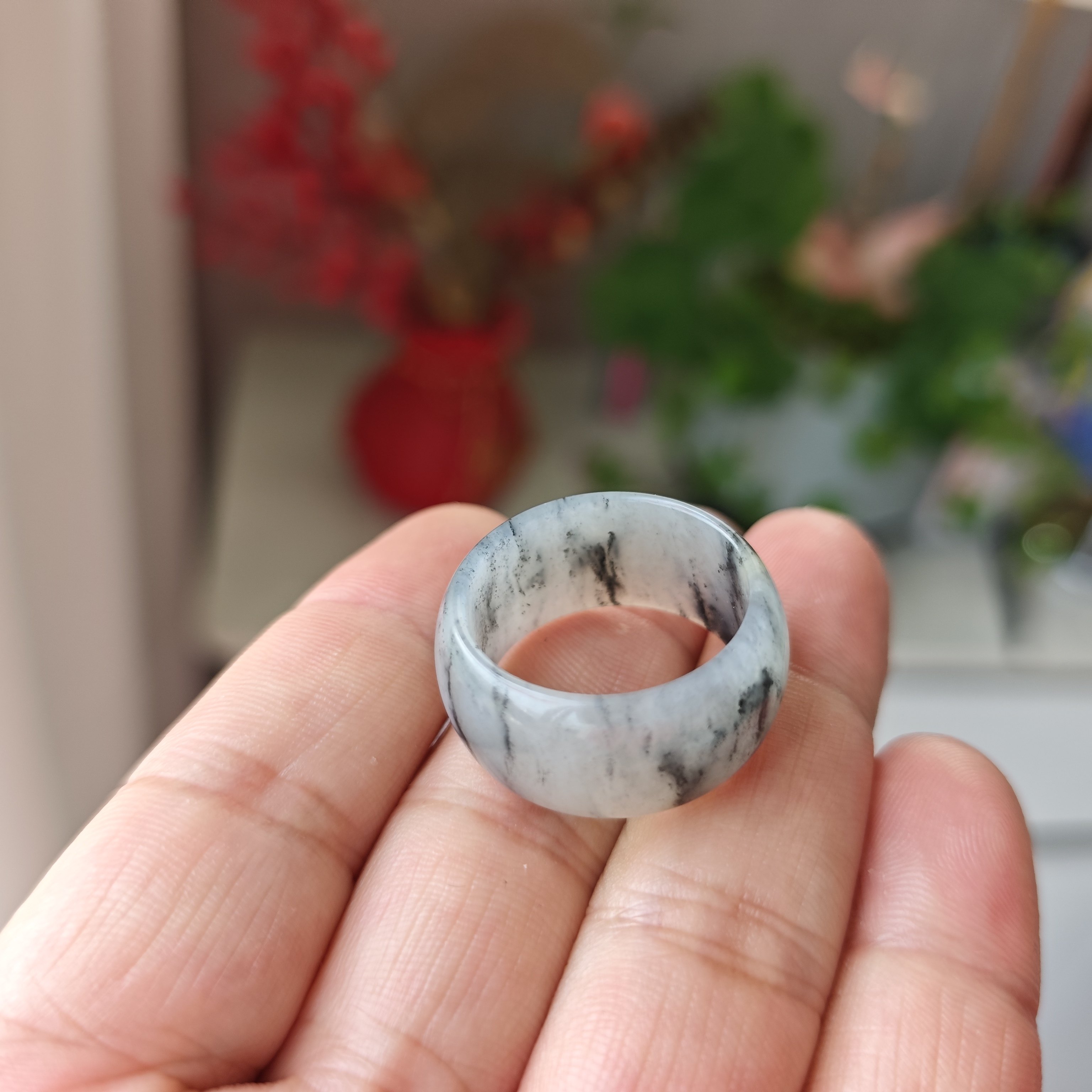 天然水墨和田玉青花戒指籽料墨玉扳指一物一图指环礼品戒指J02