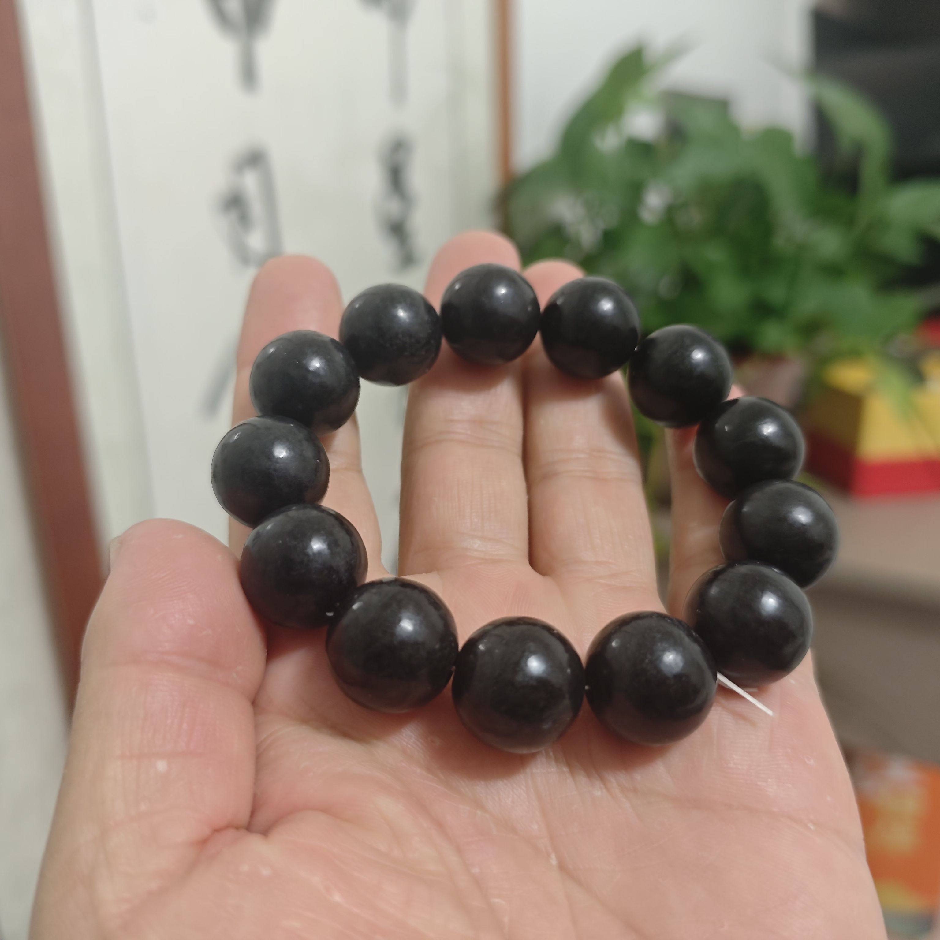 天然新疆和田玉青花墨玉手链男女款玉石珠子手串送证书卡12包邮′