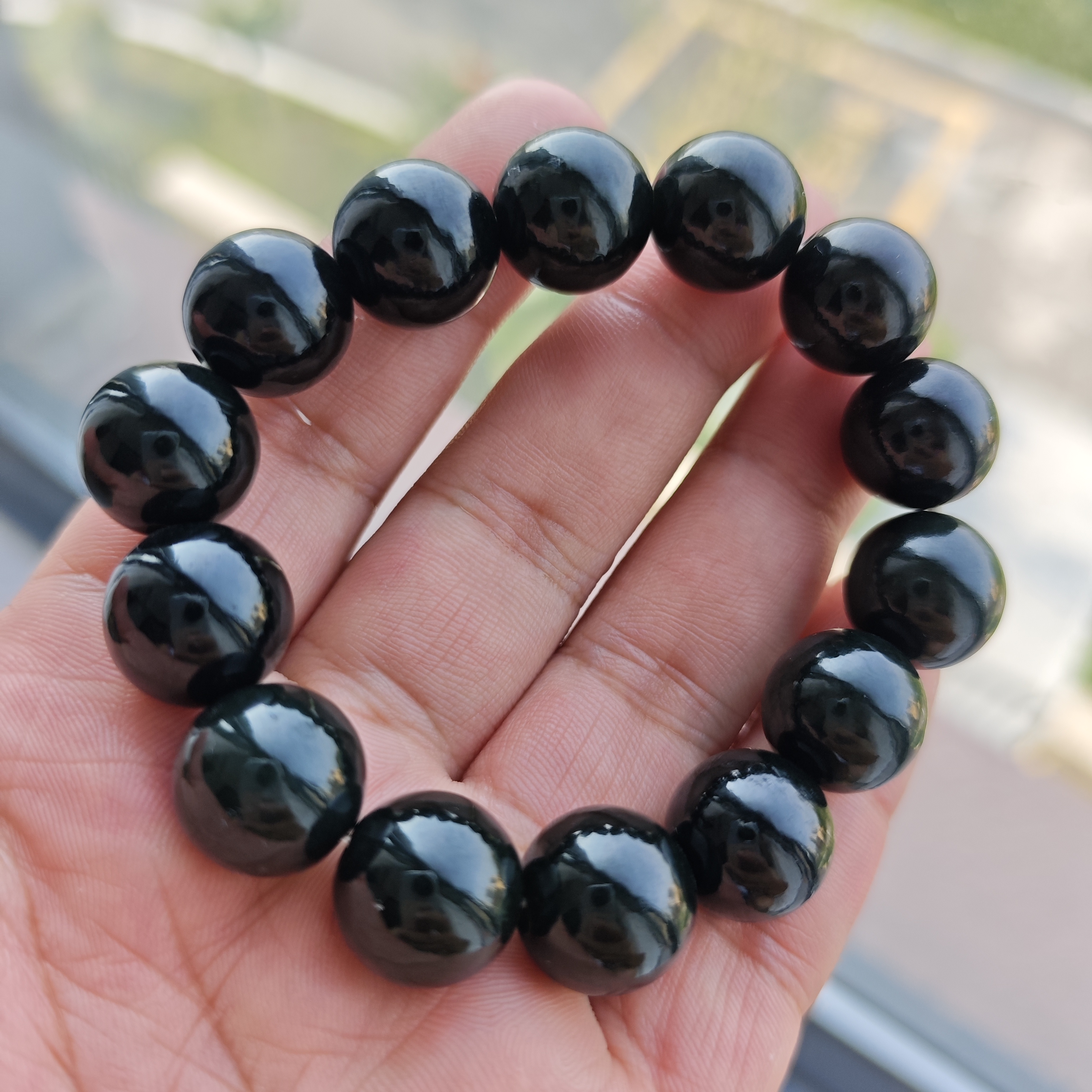 天然和田玉黑青玉卡14圆珠手链男女玉珠手串墨玉礼品手饰料细油润