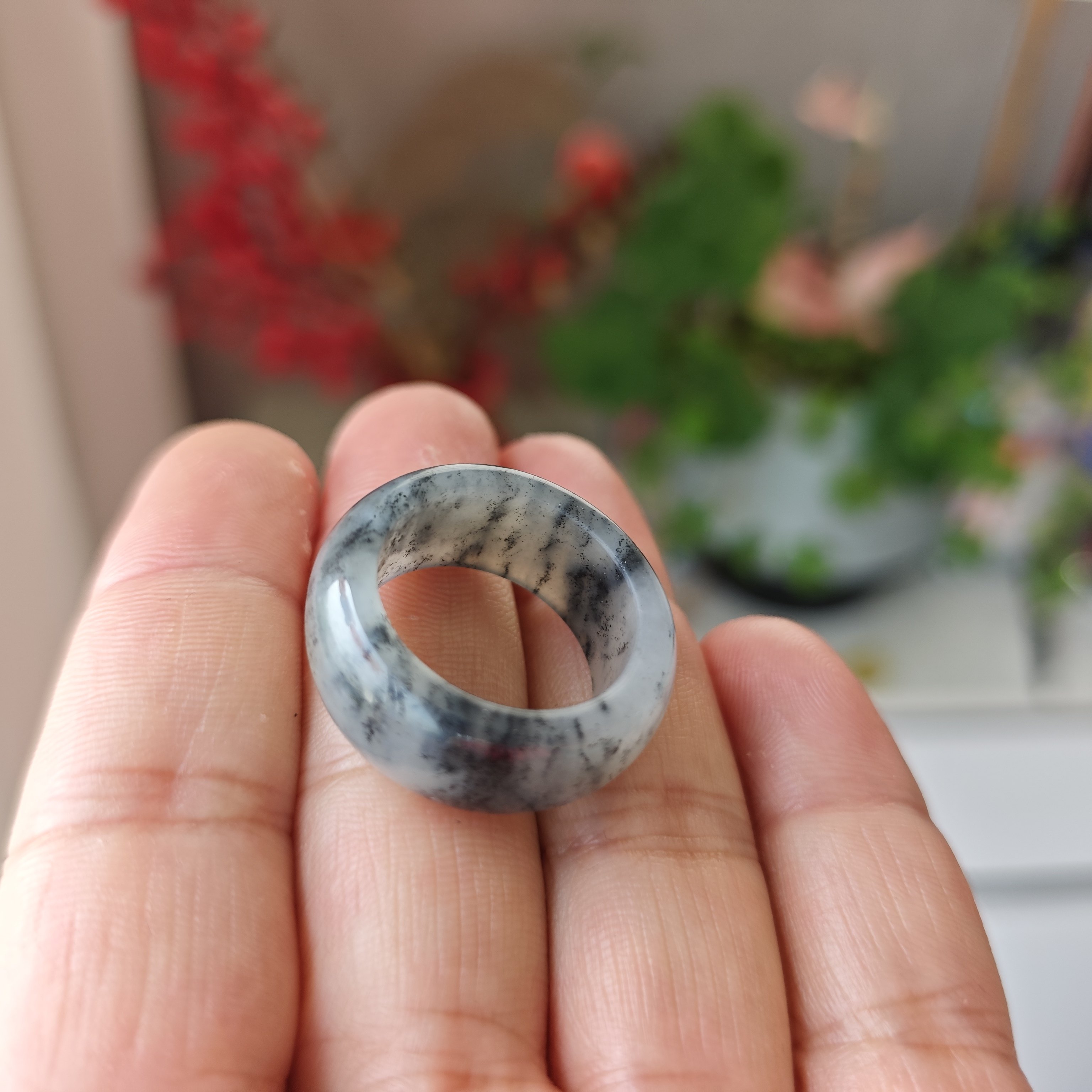 天然水墨和田玉青花戒指带皮籽料墨玉扳指一物一图指环戒指J04