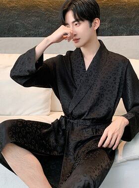 睡袍男冰丝夏季薄款浴袍黑色豹纹