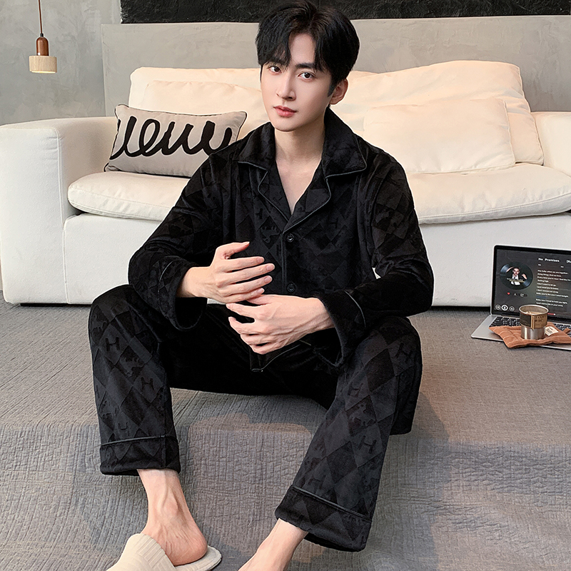 海岛绒睡衣男秋冬季套装加绒