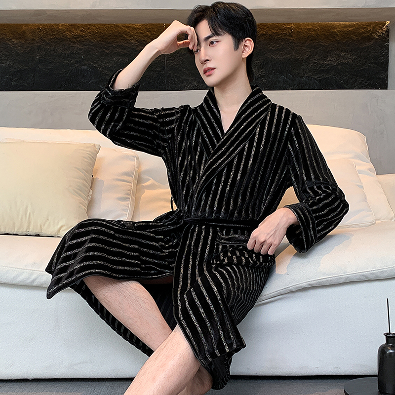 金丝绒睡袍男士秋冬季情侣浴袍黑色条纹中长款大码晨袍家居服女士