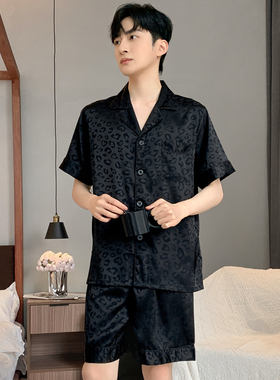 睡衣男冰丝夏季短袖短裤薄款黑色豹纹高级感加大码男生丝绸可外穿