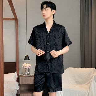 睡衣男冰丝夏季短袖短裤薄款黑色豹纹高级感加大码男生丝绸可外穿