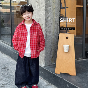 cookie kids 春季款 中小儿童韩版红色格子上衣时尚宽松衬衫外套